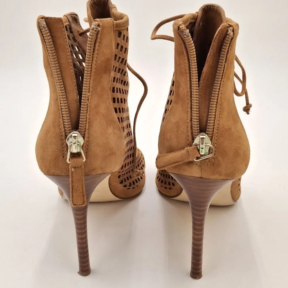 Rare Nine West Moustique Suede Sz 8M Women's Heeled Sandal Dark Natural Stiletto